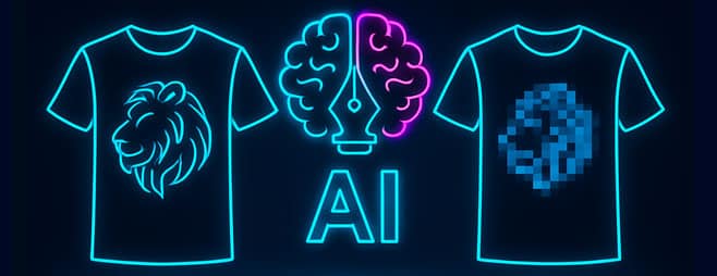 Neon-style illustration comparing clean and slightly pixelated AI-generated t-shirt designs, with an AI brain symbol in the center to represent the design process.