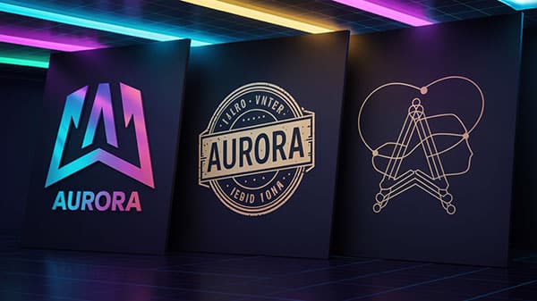 Three AI-generated logo variations in modern, retro, and minimalist styles, displayed on a neon-accented dark background to showcase logo design versatility.