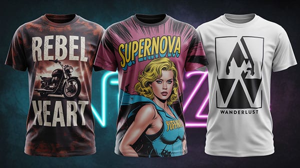 Three AI-generated t-shirt designs side by side in vintage, comic book, and vector styles, showing the creative flexibility of AI for graphic and apparel design.