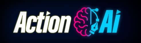 Action Ai Designer Course logo featuring a stylized brain fused with a pen tool icon, designed in a neon Tron-inspired style with cyan and magenta glow on a dark background.
