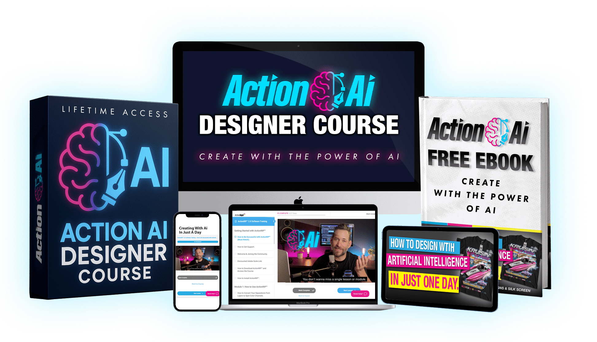 Digital mockup image of the Action Ai Designer Course featuring a laptop, desktop monitor, iPad, iPhone, and course book in a neon-themed layout.