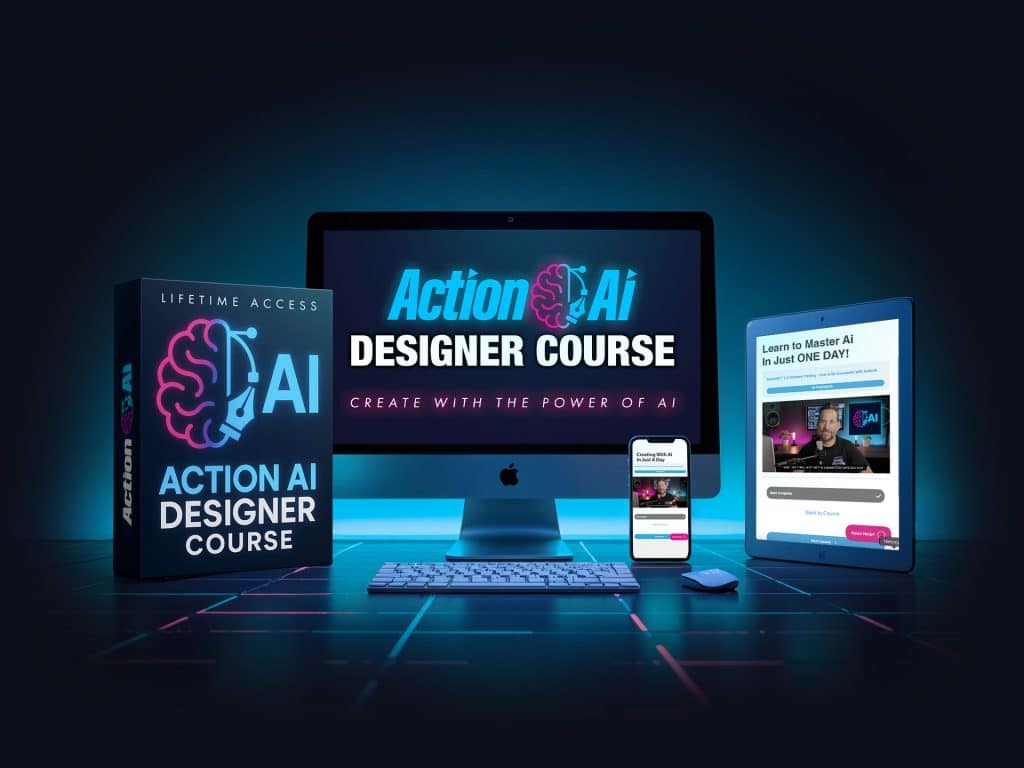 Digital mockup image of the Action Ai Designer Course featuring a laptop, desktop monitor, iPad, iPhone, and course book in a neon-themed layout.