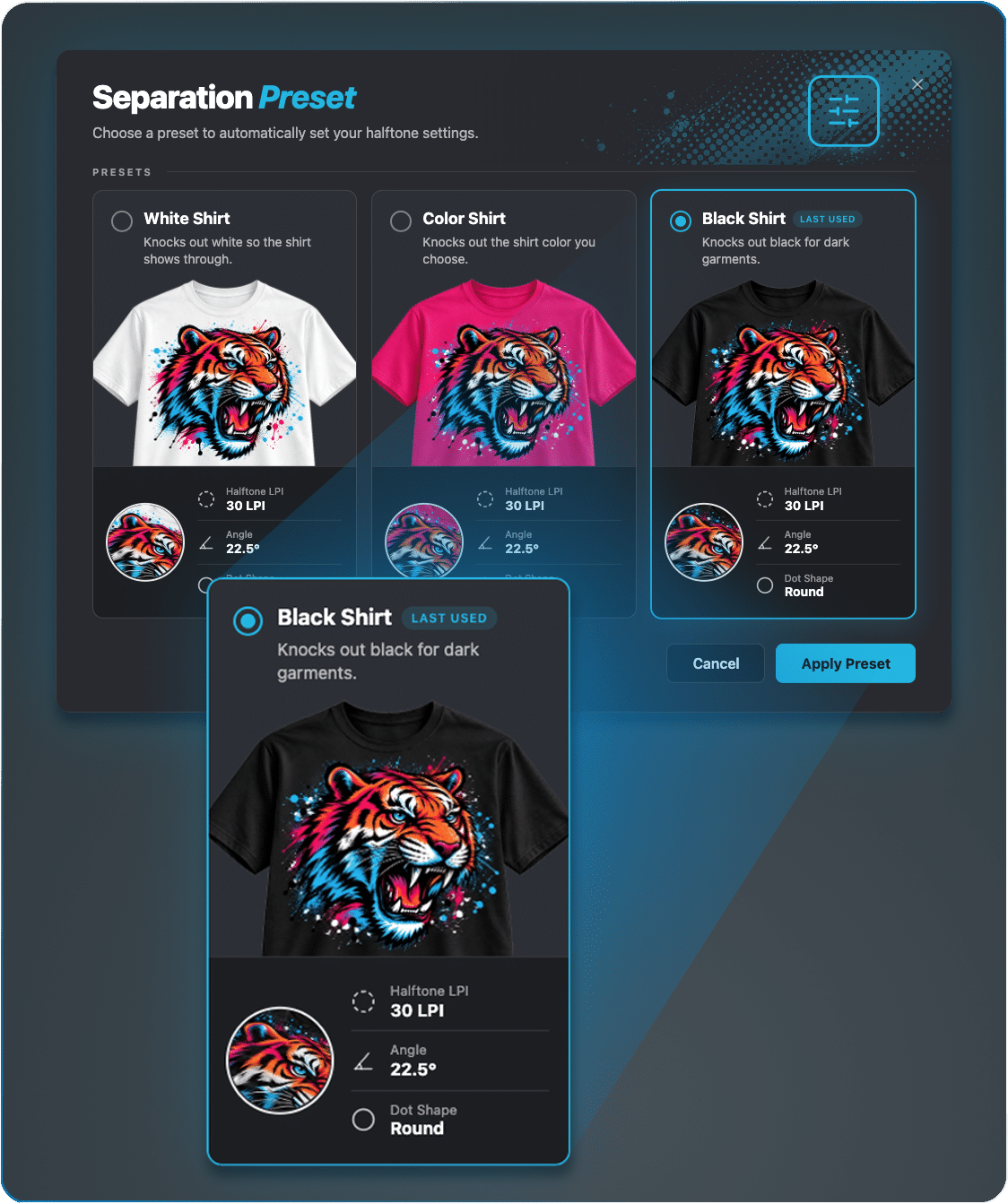 DTF Separation Presets making removing the shirt color from white, color or black shirts easy and beginner friendly