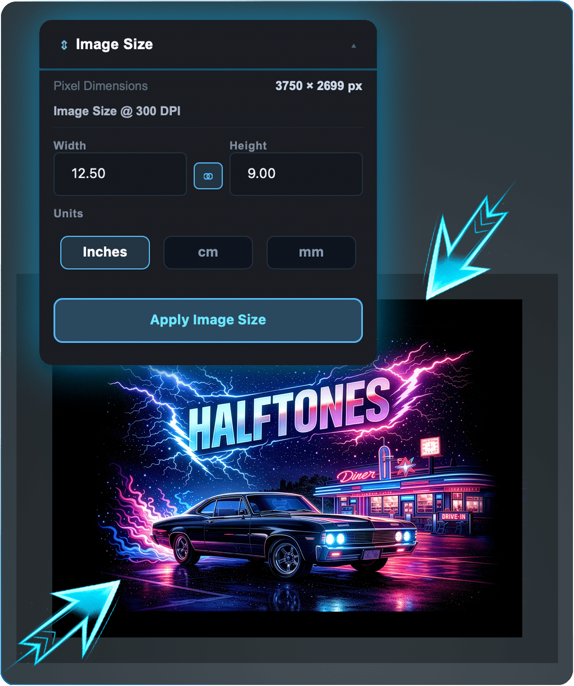 ActionSeps DTX Live Photoshop Plugin interface for DTF halftone separation. Scale your image size within the app without having to jump between windows.