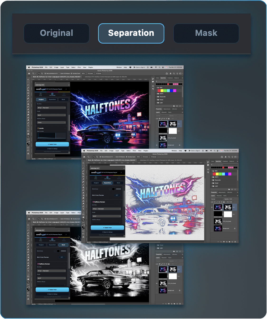 Remove black color and light backgrounds from artwork Photoshop plugin for DTF printing. See your separations original view, separation view, and mask view in real-time.