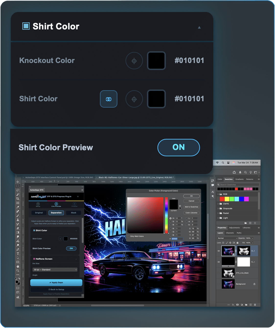 DTF separation Photoshop plugin with shirt color knockout and background removal selection tool in ActionSeps DTX Live