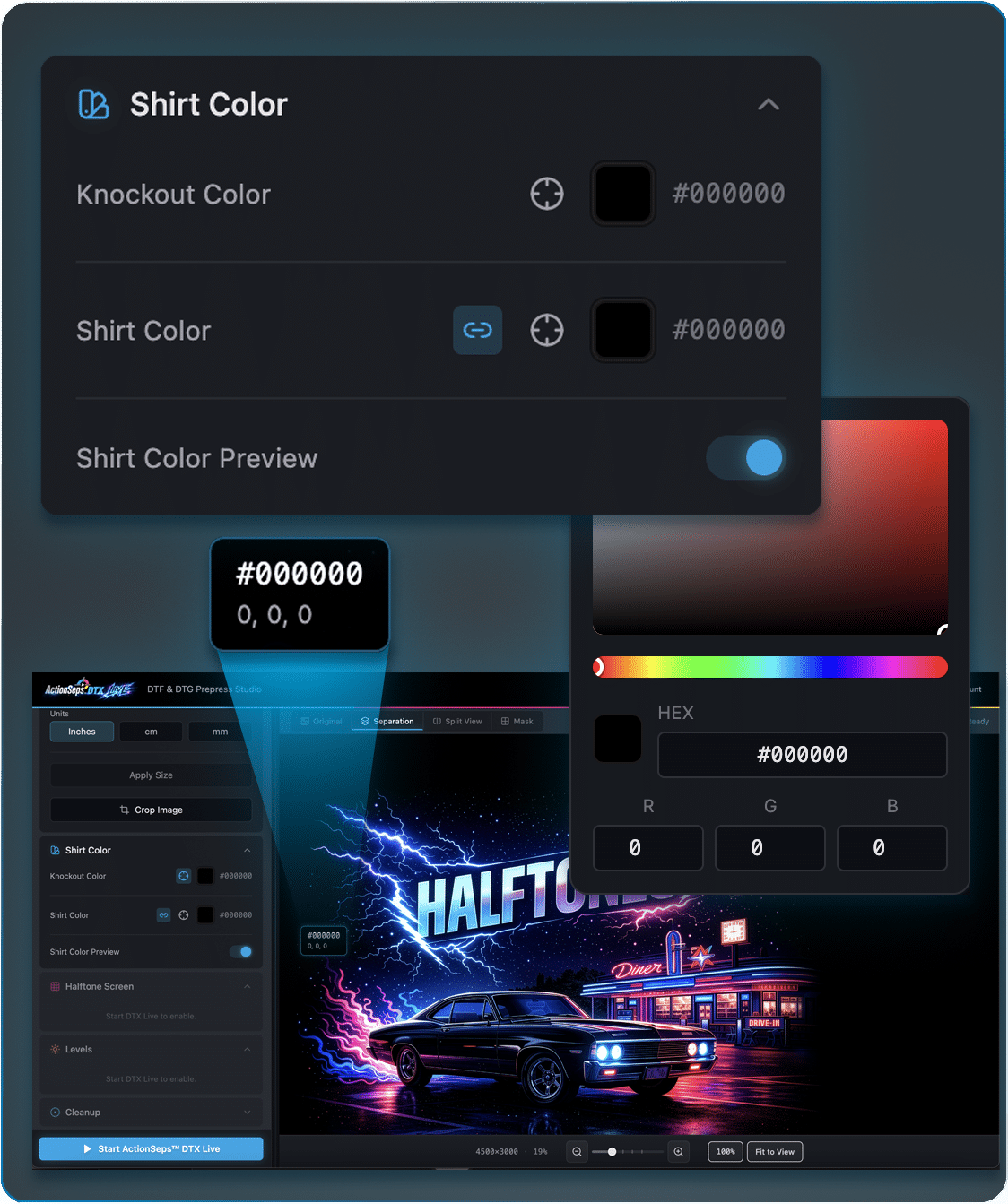 ActionSeps DTX Live browser-based DTF and DTG separation software generating clean halftones and print-ready artwork