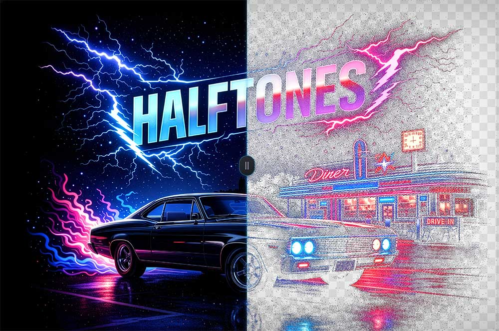 ActionSeps DTX Live web app interface for preparing DTF and DTG artwork with halftone separation and transparent background removal