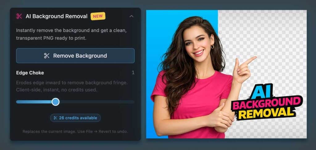 ActionSeps DTX Live AI background removal tool removing a background and creating a transparent PNG cutout ready for DTF and DTG printing