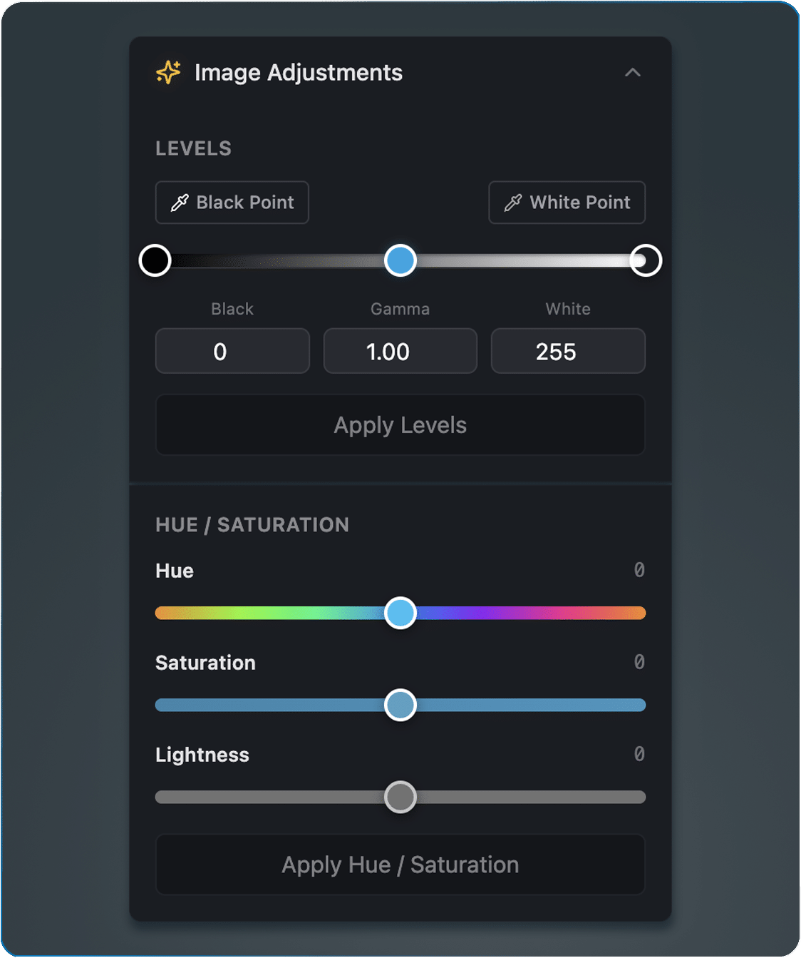 ActionSeps DTX Live DTG separation software Image Adjustments tool for hue, saturation, levels, and lightness.