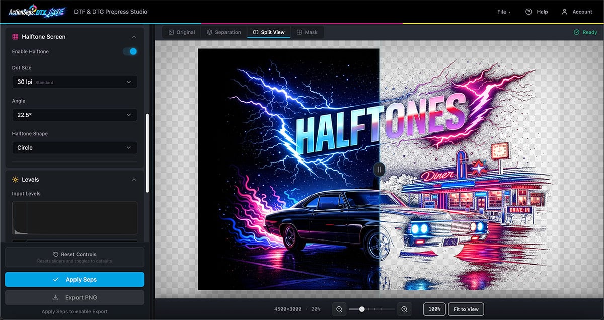 ActionSeps DTX Live web app interface for preparing DTF and DTG artwork with halftone separation and transparent background removal