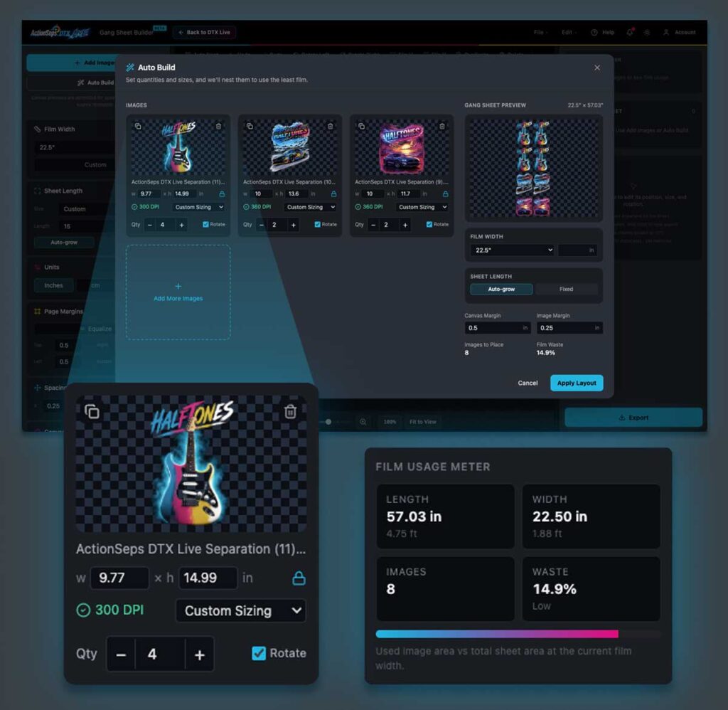ActionSeps DTX Live DTF Gang Sheet Builder Auto Build