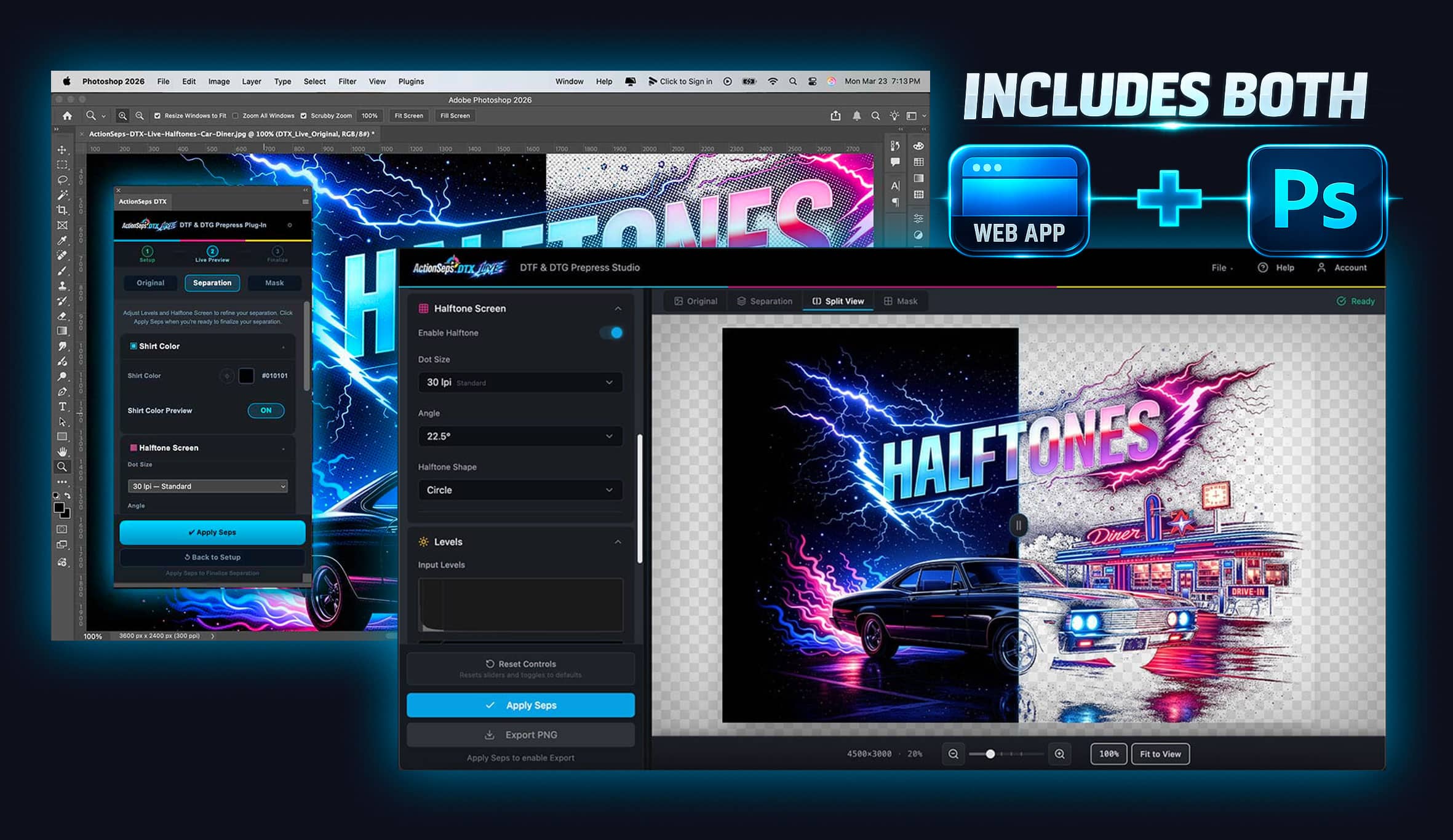 ActionSeps DTX Live Includes both the Web App and Photoshop plugin to separate DTF and DTG art with live preview