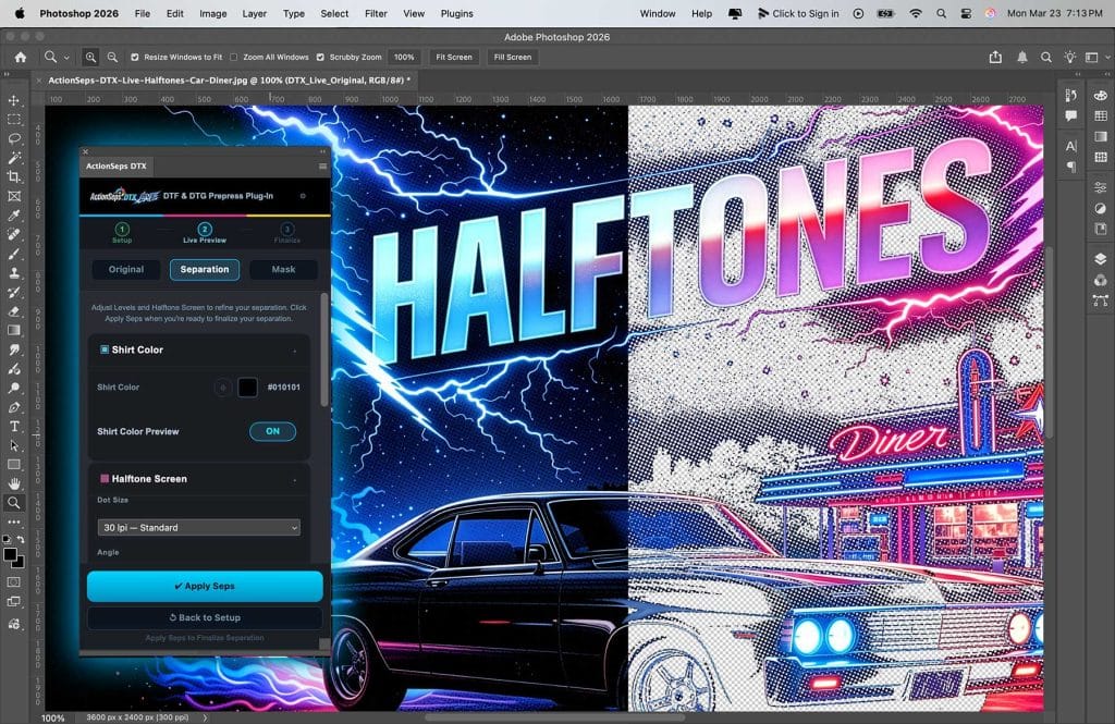 ActionSeps™ DTX Live Photoshop Plugin Intereface UI. Separate DTF & DTG art by removing the background and blending the artwork into the t-shirt with halftones.
