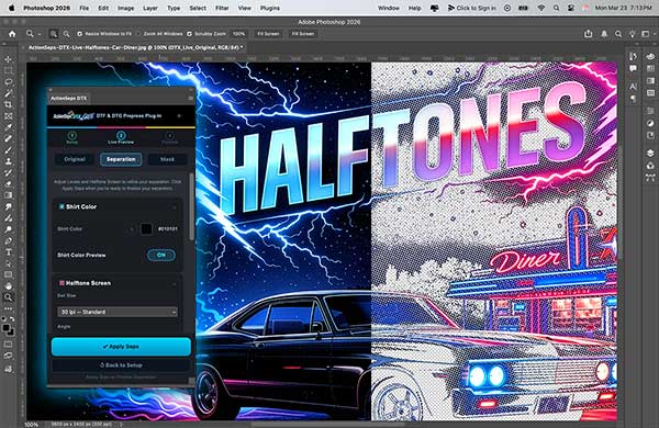 ActionSeps™ DTX Live Photoshop Plugin Intereface UI. Separate DTF & DTG art by removing the background and blending the art into the t-shirt with halftones.
