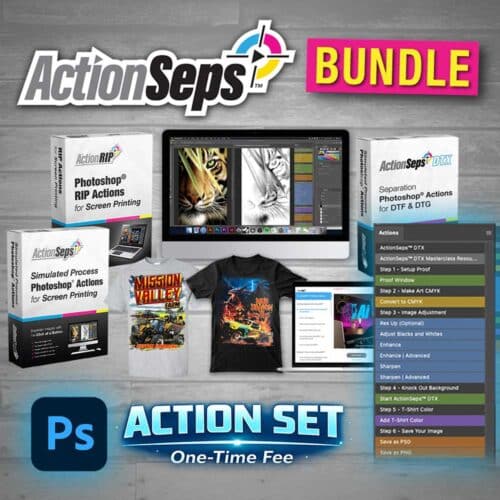 ActionSeps Screen Print Starer Bundle. Learn how to Screen Print, and separate art work with the course and combined action sets to get high quality professional prints.